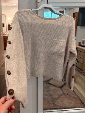 The General Good Creme Crop Sweater with Sleeve Buttons